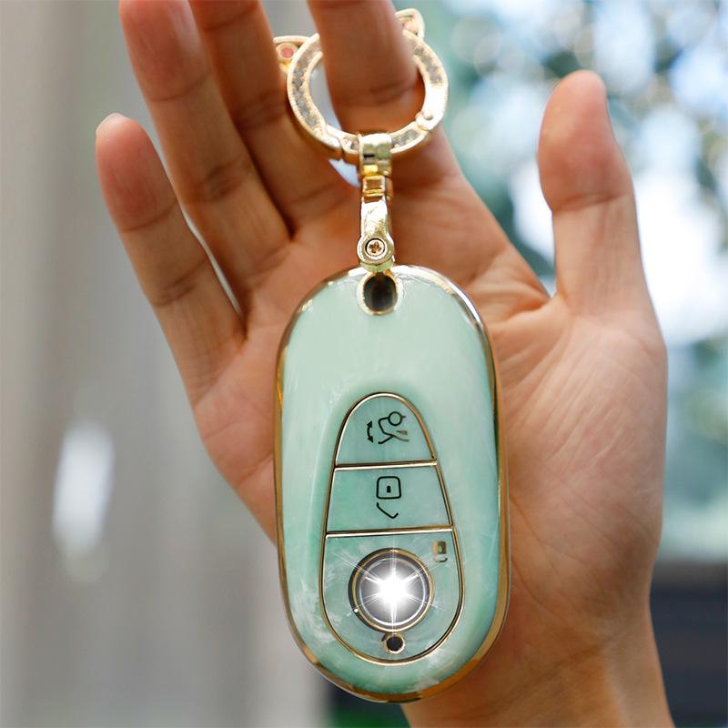 Mercedes-Benz Key Case for C260, LC200L, S400 Maybach, EQE, GLC with Gold Inlaid Jade Shell