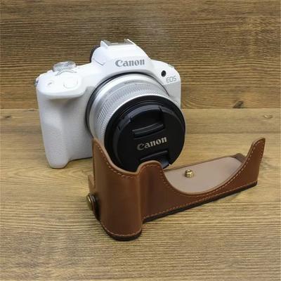 PU Leather Camera Half Body Case For Canon EOS R50 R100 Bottom Cover With Hand Strap Battery Opening