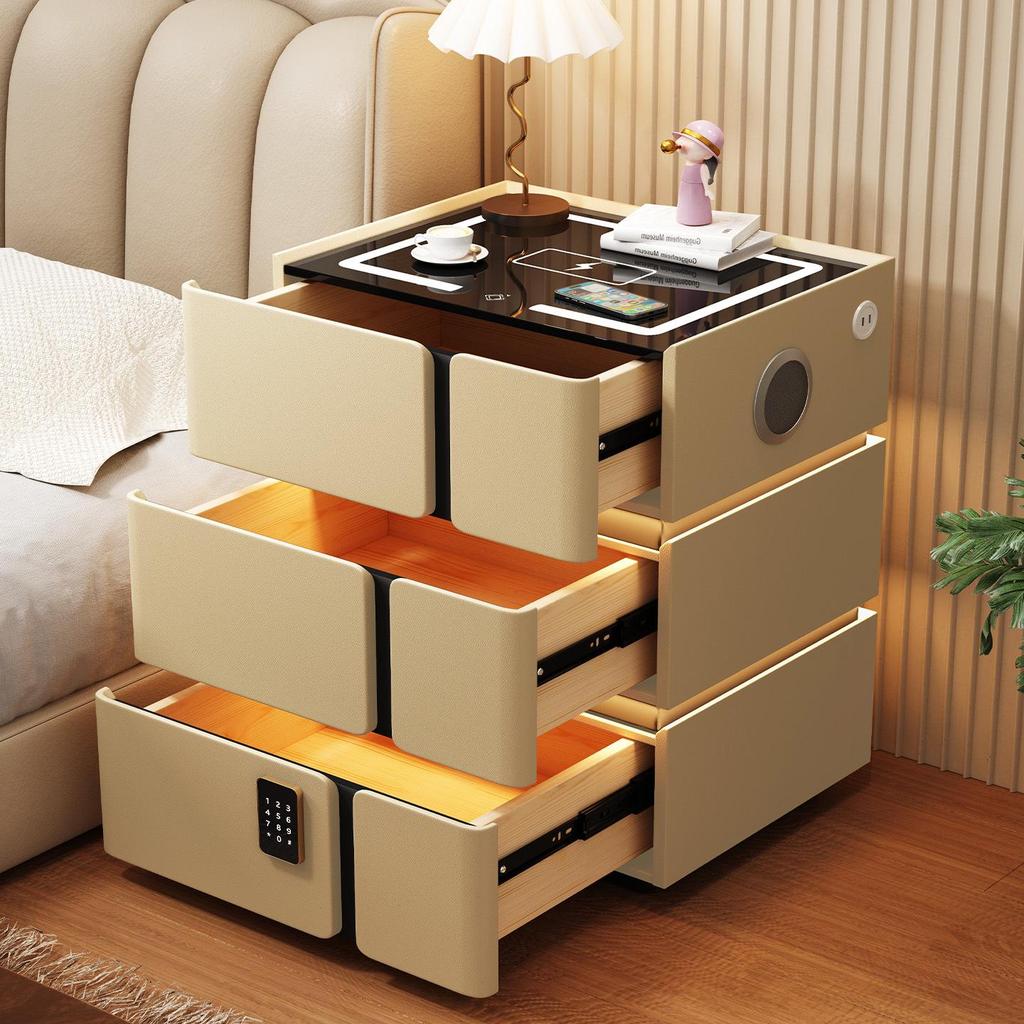 Solid Wood Smart Bedside Table with Wireless Charging, Modern Minimalist Design, Three-Layer Storage, Floor-Standing for Small Apartments.