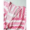 Foreign Trade Europe and America Fat Mm Vacation Sunscreen Top Pink and White Geometric Pattern Sexy Top V-neck Knotted Ruffle Edge Short Sleeve