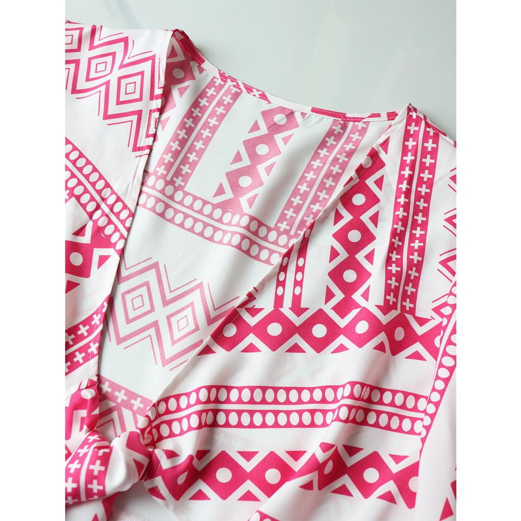 Foreign Trade Europe and America Fat Mm Vacation Sunscreen Top Pink and White Geometric Pattern Sexy Top V-neck Knotted Ruffle Edge Short Sleeve