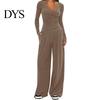 Stilvoller lockerer Damenanzug Damen 2-teiliges Loungewear-Set V-Ausschnitt Langarm-Oberteil Einfaches einfarbiges Outfit Und Weitbeinige Hosen Set Frühling Herbst Freizeit