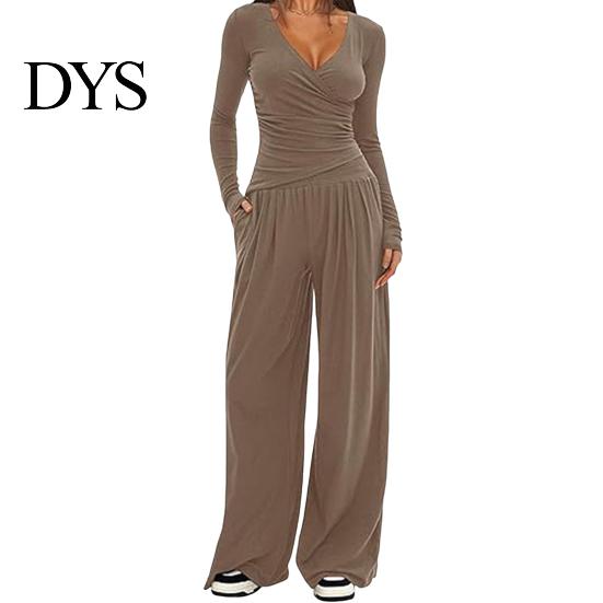 Stilvoller lockerer Damenanzug Damen 2-teiliges Loungewear-Set V-Ausschnitt Langarm-Oberteil Einfaches einfarbiges Outfit Und Weitbeinige Hosen Set Frühling Herbst Freizeit