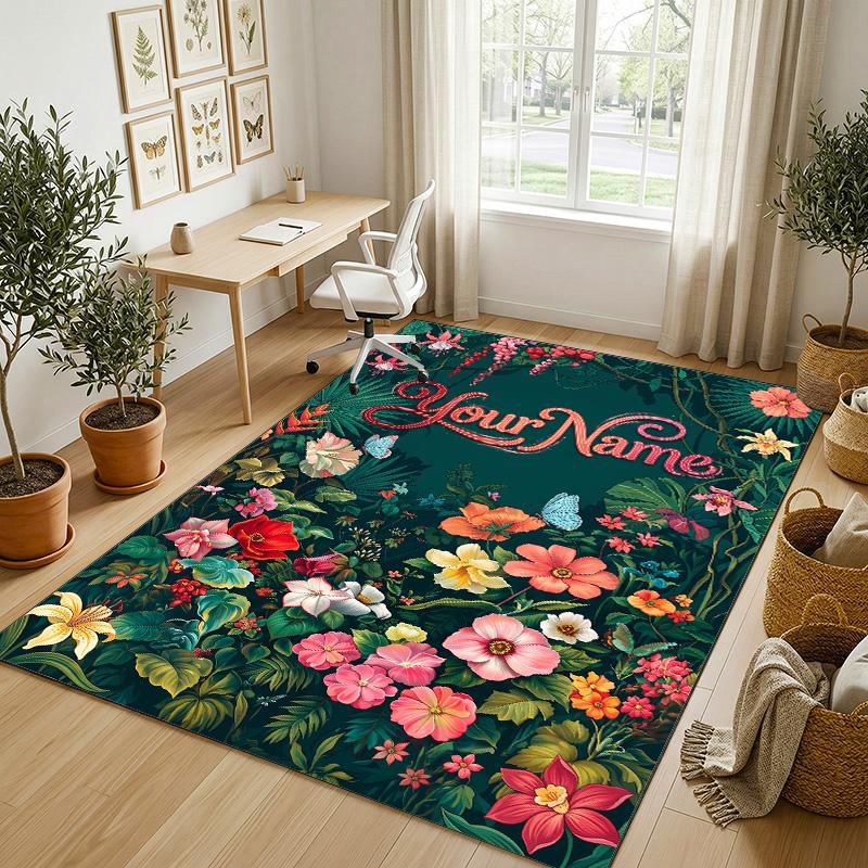 Floral Artwork Theme Soft Crystal Velvet Rug Custom Name & Text Print Non Slip Floor Rug for Bedroom Living Room