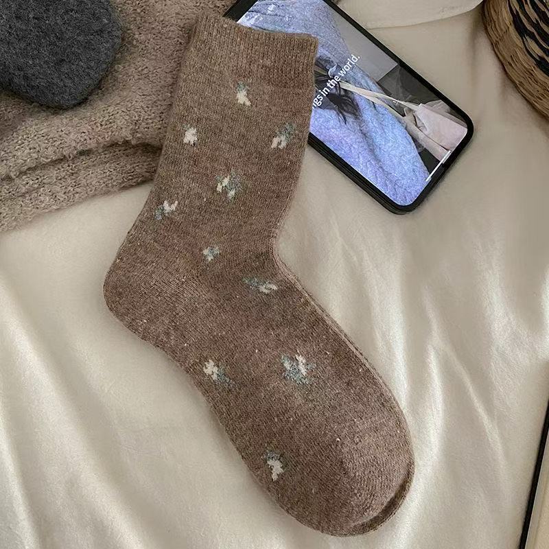 Floral Wool Socks, Women's Mid-calf Socks, Thick and Warm Long Socks for Autumn and Winter, Boneless Pile Fleece Socks