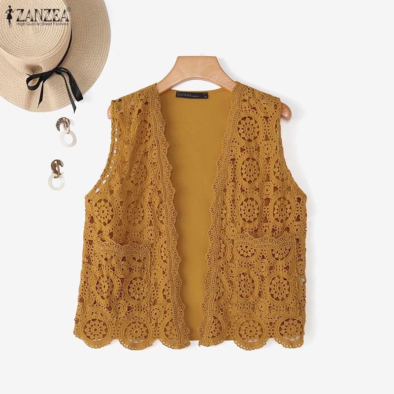 ZANZEA Women Casual Lace Patchwork Sleeveless Cardigan Vest