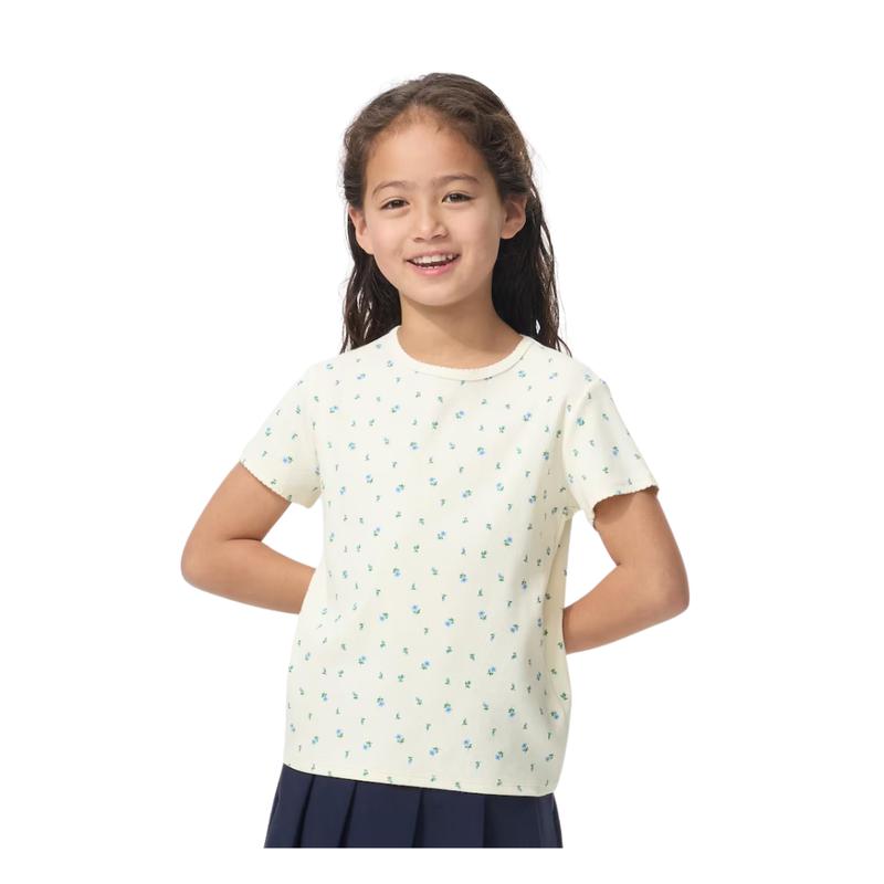 UNIQLO 484353 Girls Rib T-Shirt OFF WHITE BLUE Kids Japan
