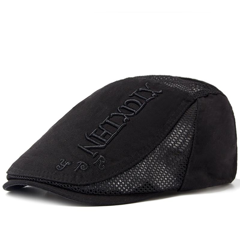 Летний берет для мужчин, вышивка букв, сетчатая кепка, хлопковый мягкий верх, солнцезащитный козырек, винтажные береты, повседневная однотонная мужская кепка чёрный