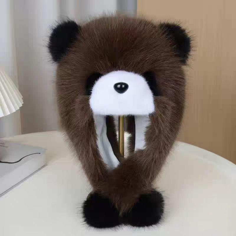 Autumn & Winter Plush Panda Hat: Thick Warm Design with Fox Fur Earmuffs