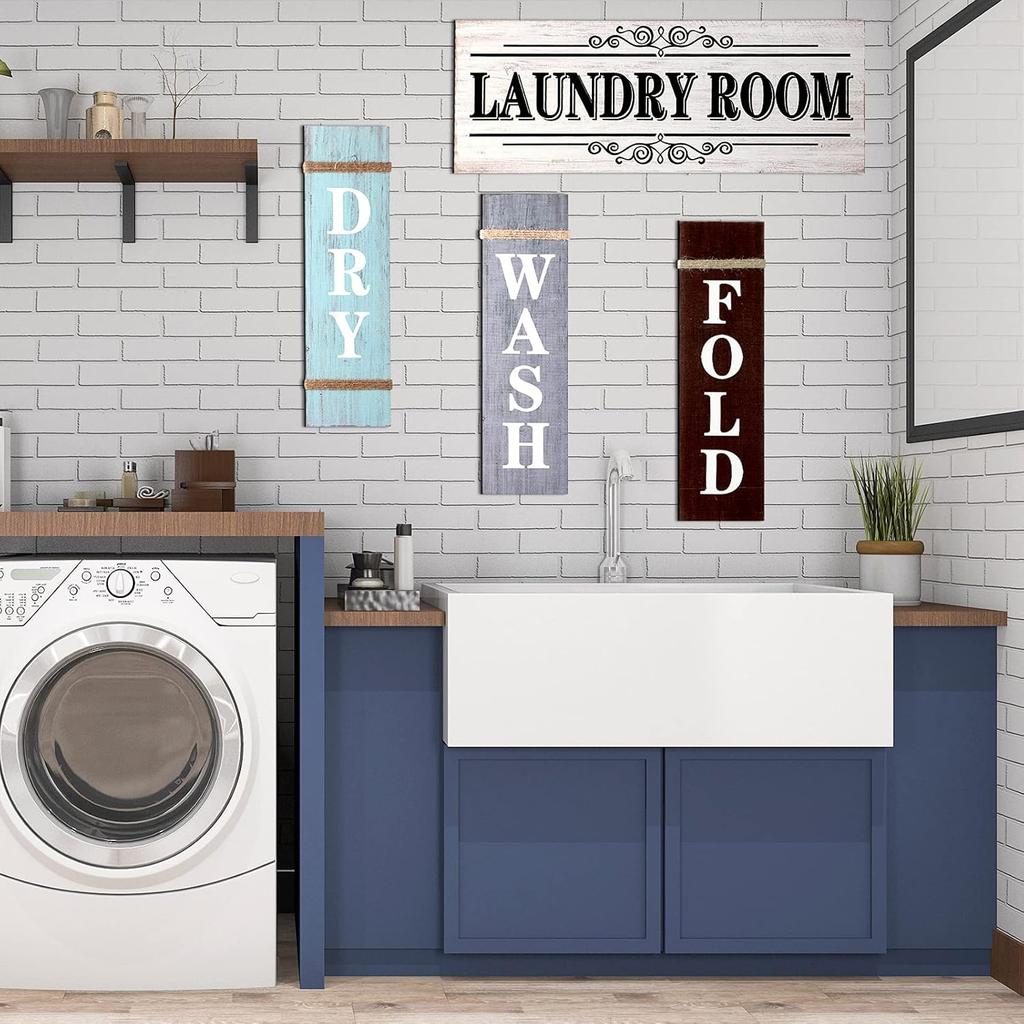 4 Pieces Home Vintage Laundry Room Canvas Wall Art, Laundry Rules Prints Signs Framed, Rustic Bathroom Laundry Room Decor Retro Wash Wall Art for