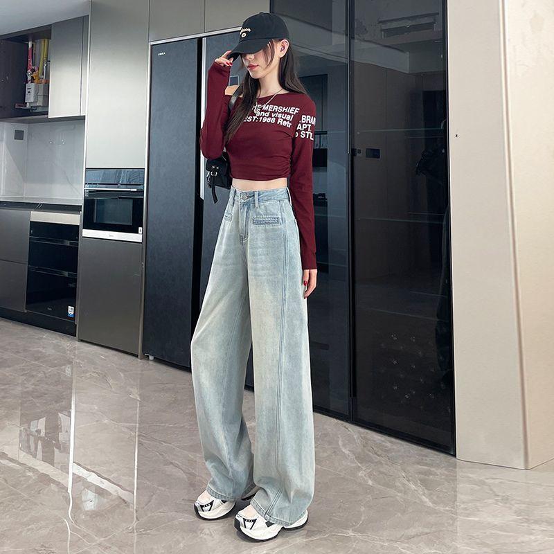 Light Blue Wide-leg Jeans for Women's Spring Clothes New High-waisted Slimming and Loose-fitting Straight Pants