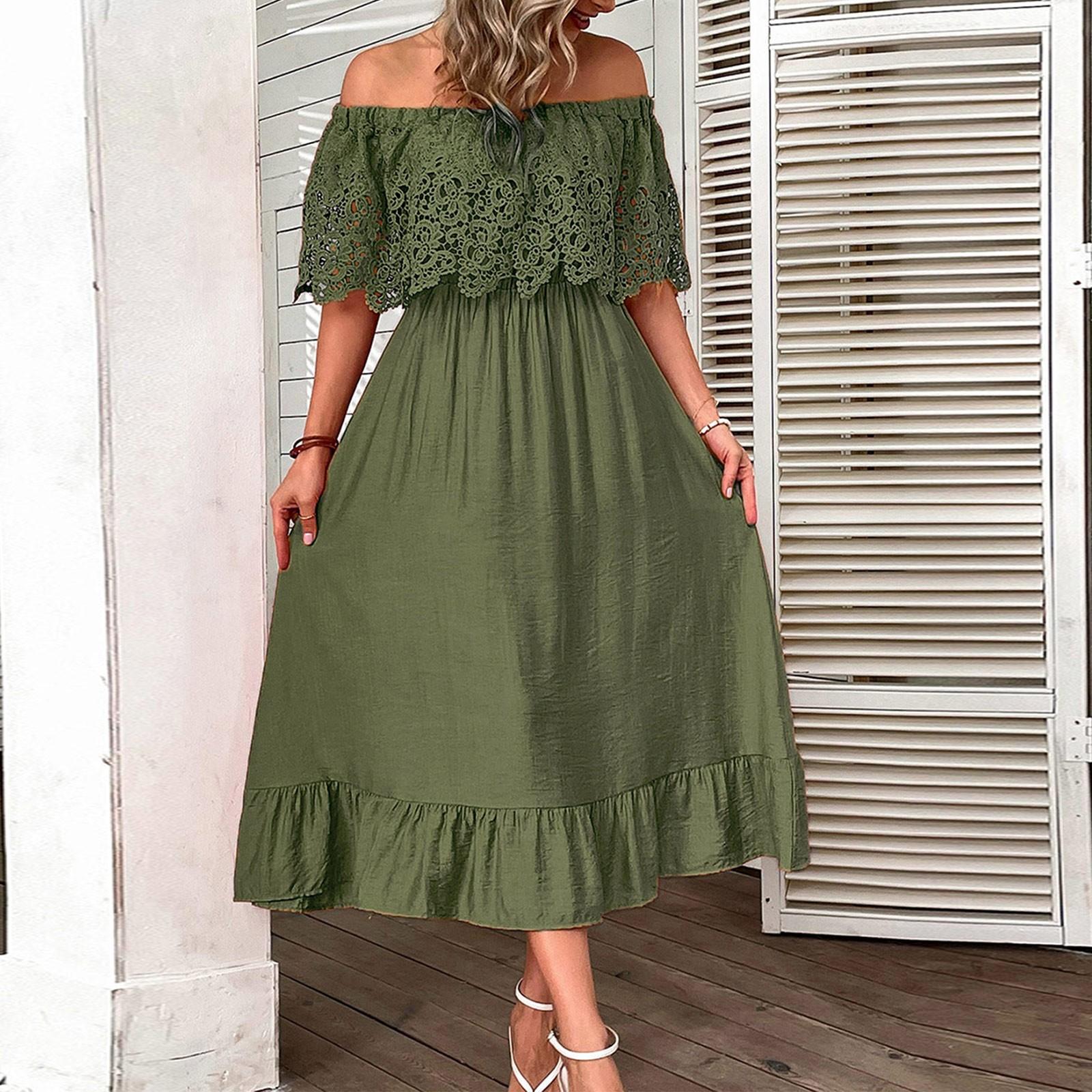 

Женские длинные платья с открытыми плечами, кружевными рукавами, макси-оборками, подолом А-силуэта, летние платья для отдыха, сарафаны L армия зеленый