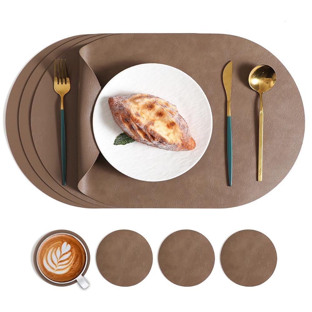 Nordic ins cowhide leather placemat two-color tableware oval dining table western food plate anti-scalding heat insulation pad waterproof