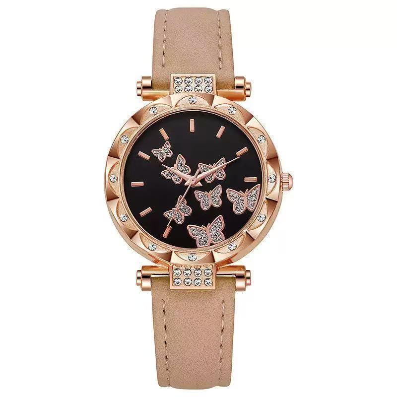 Douyin Fashion Seven-Butterfly Diamond Women's Leather Strap Watch