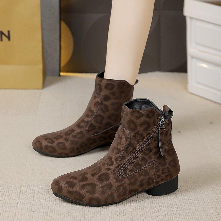 Leopard print high-heeled short boots women's autumn and winter 2025 new fashion pointed thick-heeled small cotton boots versatile velvet single boots