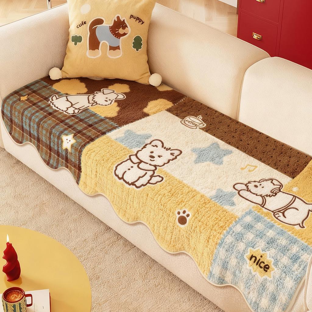 One-Piece Model Cute Cartoon Style Plush Sofa Cover  New Fixed Anti Slip Anti Cat Scratch Straight Row Sofa Cover Cushion