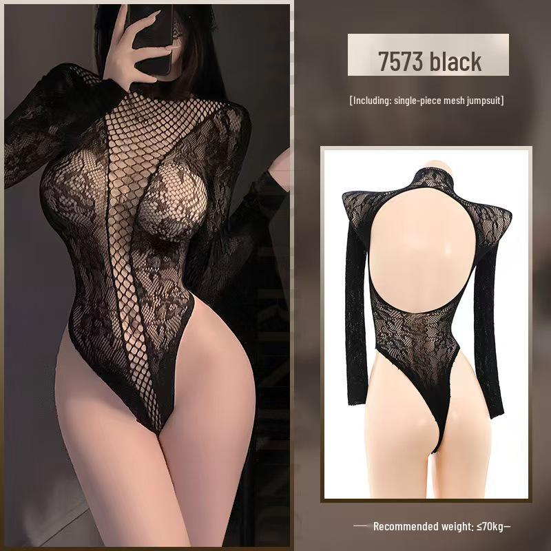 Colorful Gradient Mesh Suspender Skirt with Open Crotch and Hollow Design