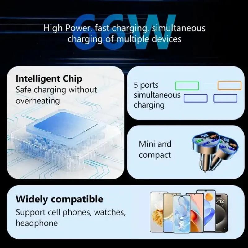 200W PD Heart-shaped Car Charger QC3.0 Fast Charge 1 To 5 Car Socket Plug 5 Port  Flash Charge with Digital Display