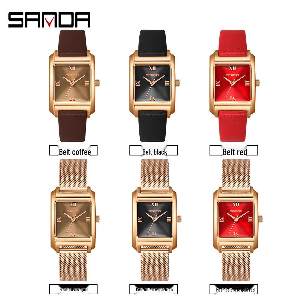 Sanda Women's Retro Leather & Mesh Strap Casual Wristwatch