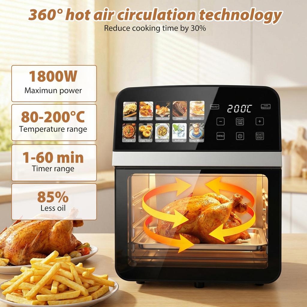 Air Fryer 10L, Large Capacity Oil-Free Air Fryer Oven, 1800W Digital Touchscreen, 8 Preset Cooking Functions, Viewing Window & Interior Light