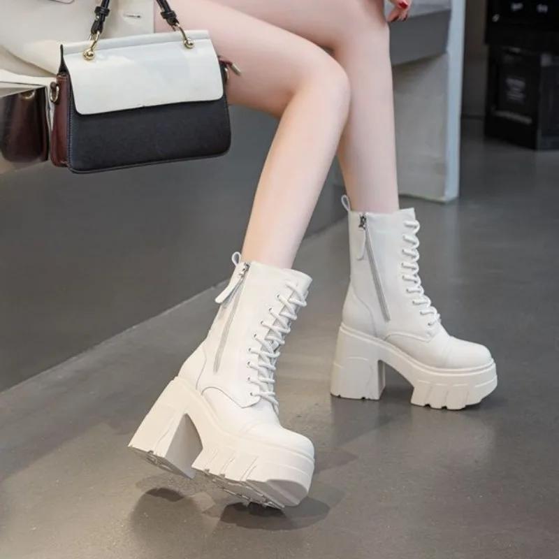 Damenstiefel, hochwertige, lässige Lederstiefel mit Plateauabsatz und seitlichem Reißverschluss, dickem Absatz, Stiefeletten, Botas Mujer