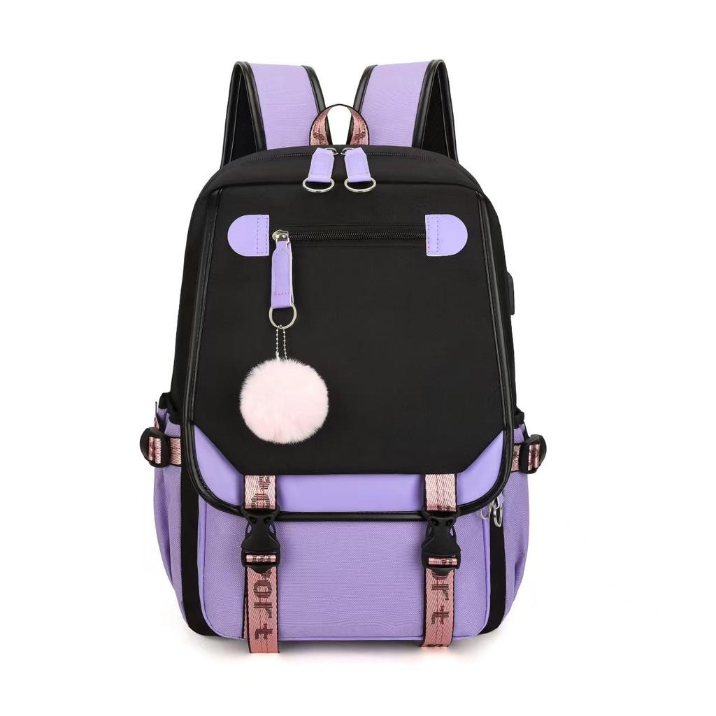Large Capacity Korean Style Backpack with USB Port Casual Solid Color Multi-compartment Laptop Bag for Students