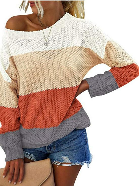 European & American Color Block Round Neck Casual Knitted Pullover Sweater