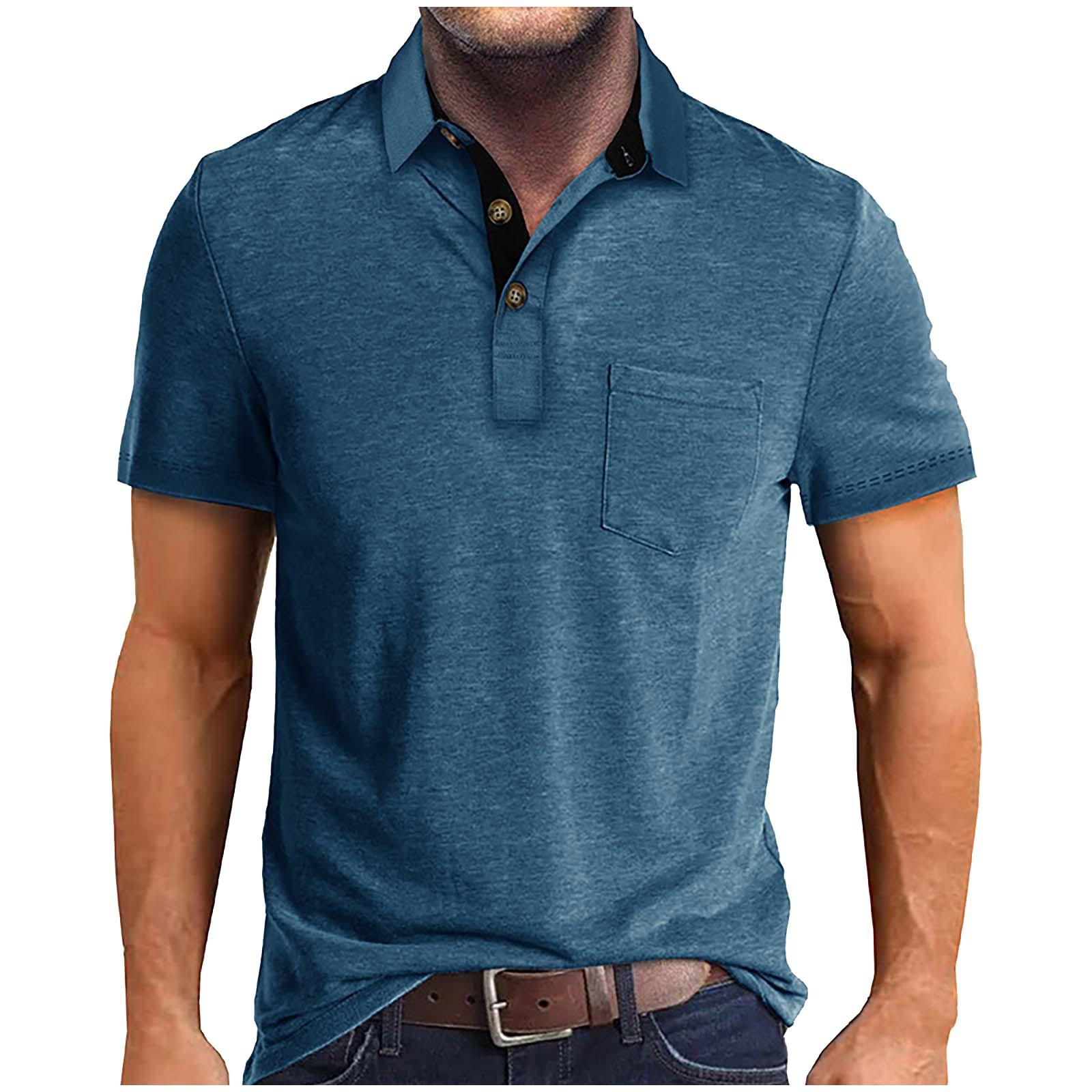 

Men s Classic Short Sleeve Polo Shirt, Blue with Black Trim Collar, Two Gold Buttons, Left Chest Pocket, Multiple Color Options M
