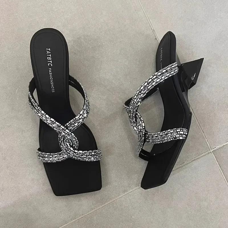Women's Slippers Strange Style Square Toe Rhinestones Women Shoes Leisure Dress Summer Korean Style Zapatillas De Mujer