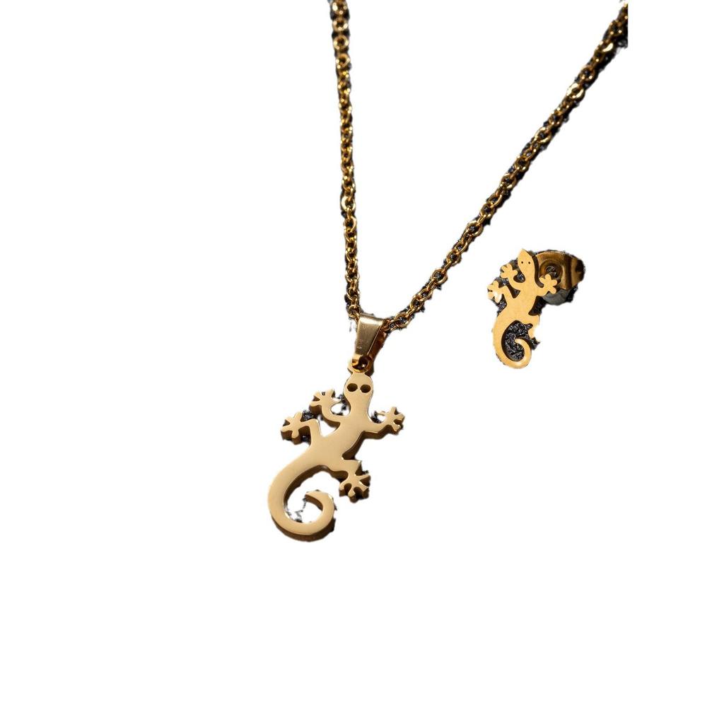 Stainless Steel Lizard Gecko Jewelry Set: Earrings & Necklace