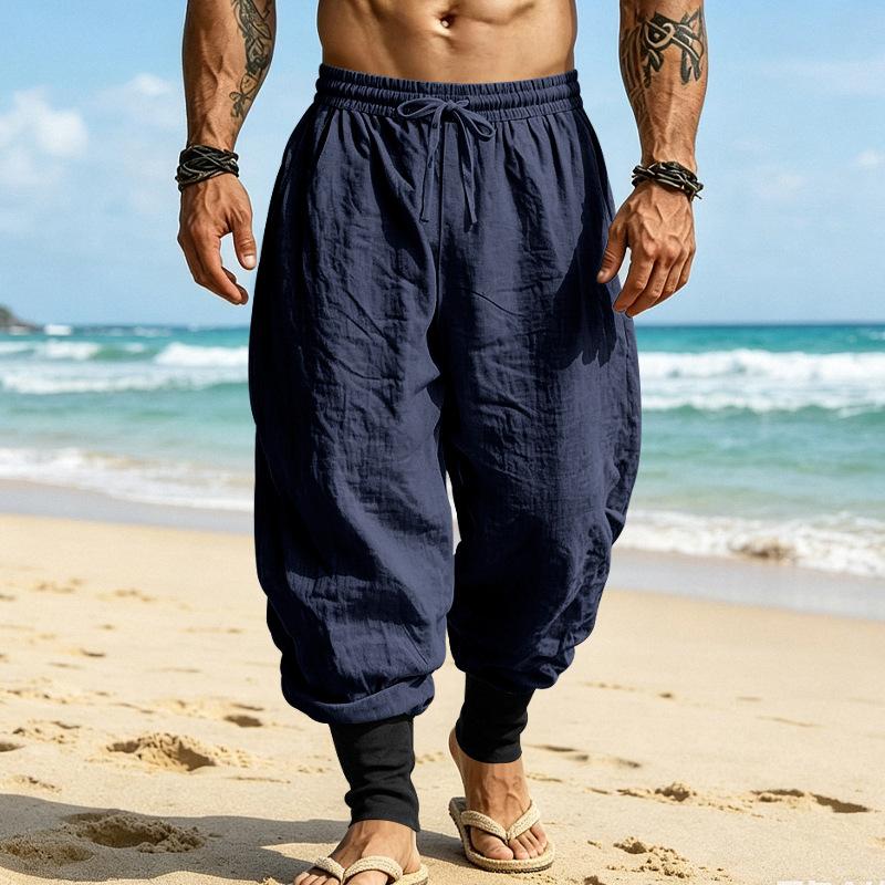Herren Leinen Lässige Jogginghosen Strandurlaub Lockere Kordelzug-Hosen XL navy blau