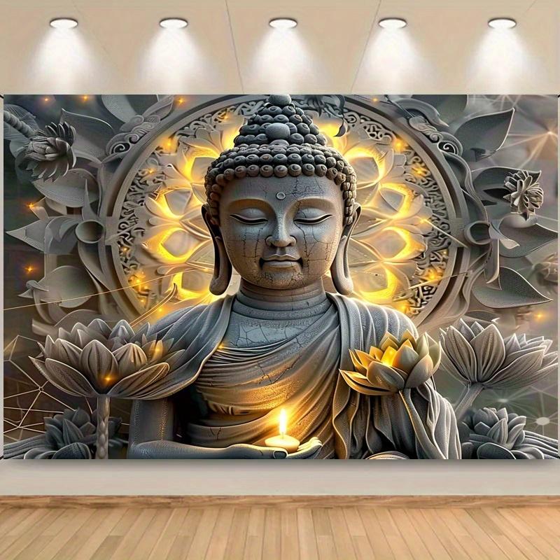 Giant Buddha Statue and Lotus Pattern Tapestry - Polyester Wall Hanging for Living Room and Bedroom Home Decoration