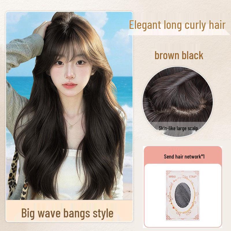 Women's Natural Long Full Cap Wig with Realistic Large Waves and Seamless Middle Part Bangs