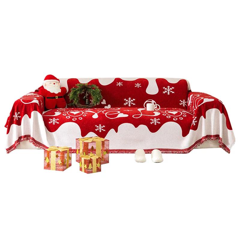 Christmas Red Sofa Cover with Tassel Couch Towel Machine Washable Holiday Theme Red Grids Sofa Slipcover For Living Room Decor