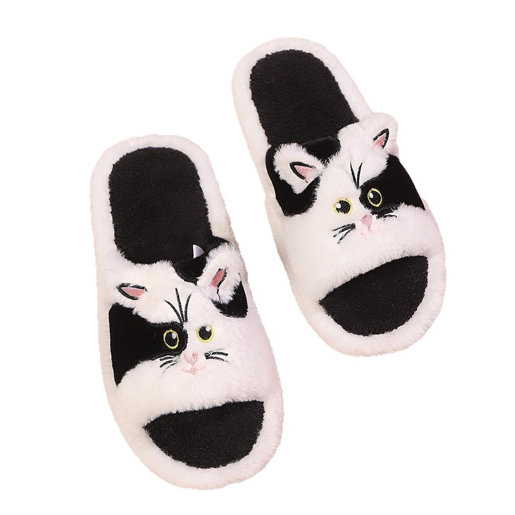 Spring and Autumn new fashion cartoon cute cat slippers Korean version of warm one-word fluffy slippers open