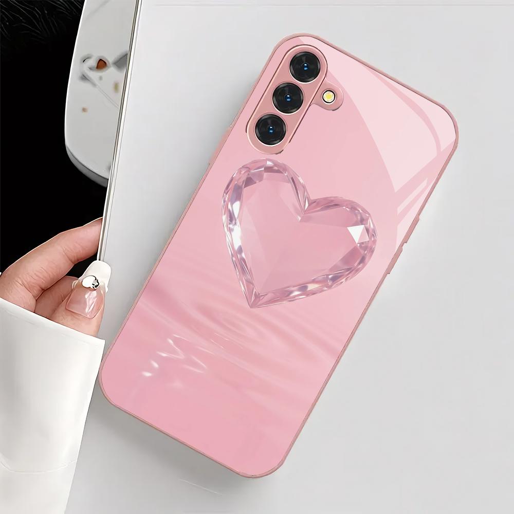 Simple heart-shaped metallic paint glass phone case suitable for Samsung Galaxy S26 S25 S24 S22 S21 S20 FE/Ultra/Plus anti drop
