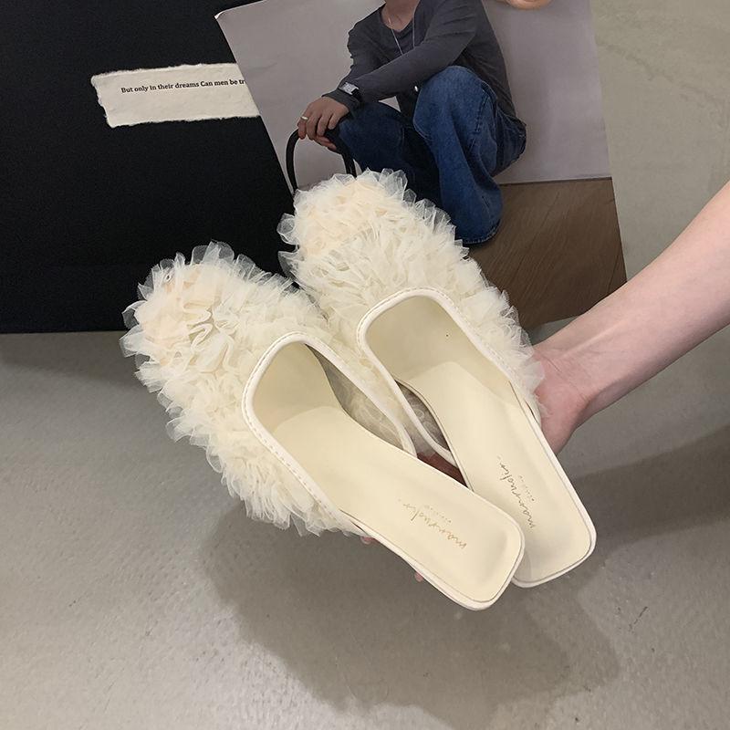 Korean Version of Lace Princess Shoes, Mesh Yarn, Breathable Square Head Low-heeled Shoes, Wearing Bag Head and Half Slippers, Lazy Dragging Fair
