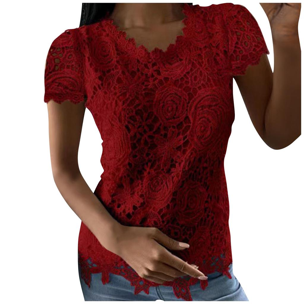 Women's Color Lace Splicing Short Sleeve Round Neck Tops