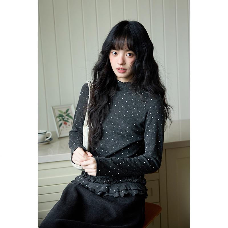 Yimeng 2025 Korean Style Slim Fit Dark Grey Polka Dot Long Sleeve Women s T-shirt Small