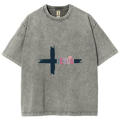 Kreuz Jesus Buchstaben Print Damen T-Shirt Gewaschener Denim Übergroß Locker Halber Ärmel Amerikanisch Vintage Distressed Top Nische