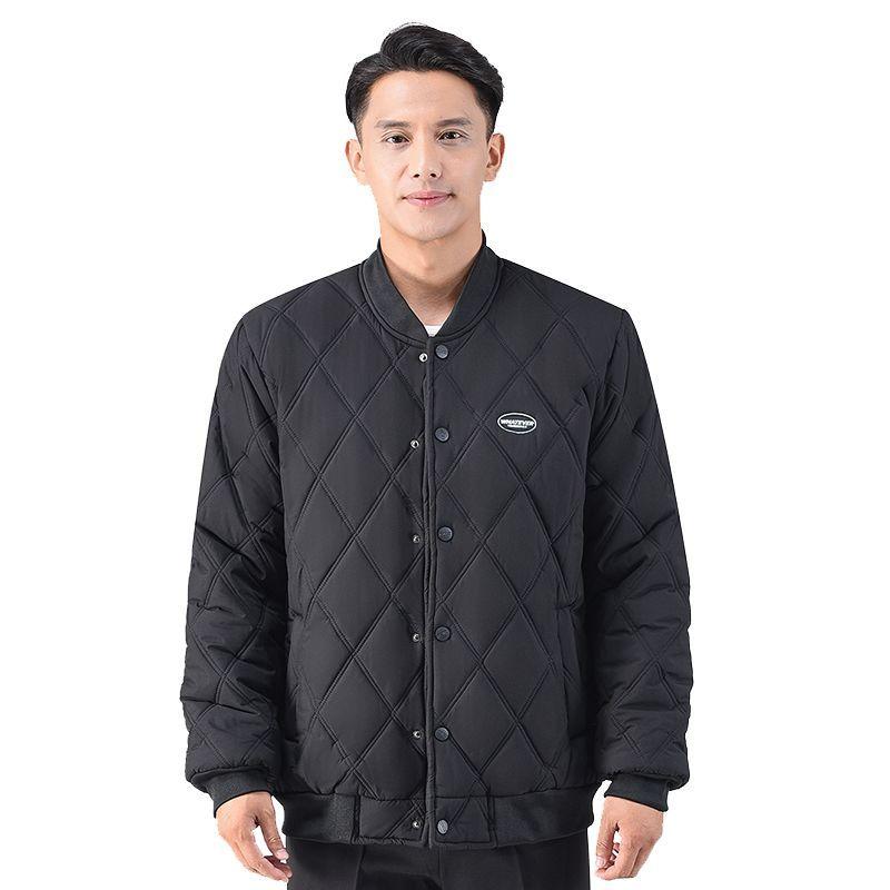 Men's Black Diamond Quilted Baseball Collar Button Up Light Padded Bomber Jacket
