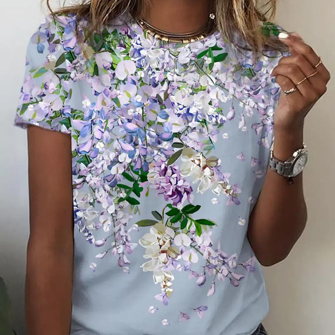 

2024 летняя модная круглая женская футболка с 3d принтом и цветочным принтом, повседневные повседневные топы с короткими рукавами, футболки с вырезом для женщин, праздничные 8XL