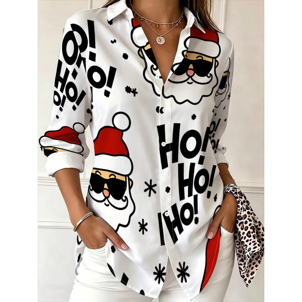 Women's long-sleeved shirt, trendy Santa Claus pattern, versatile commuting daily wear