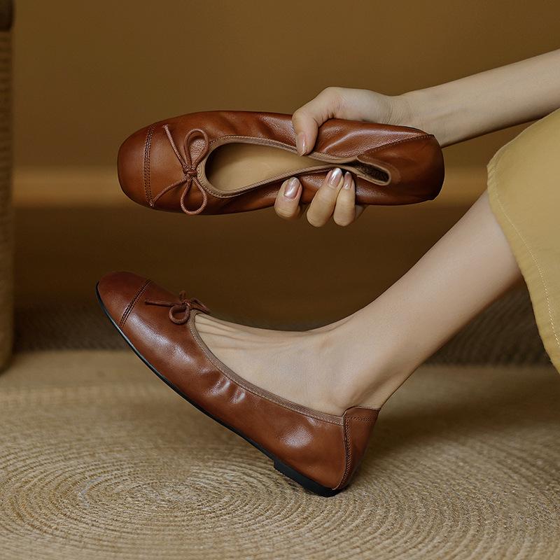 Retro Washed Cowhide Bow Loafers - Soft Sole Square Toe Ballet Flats for Women