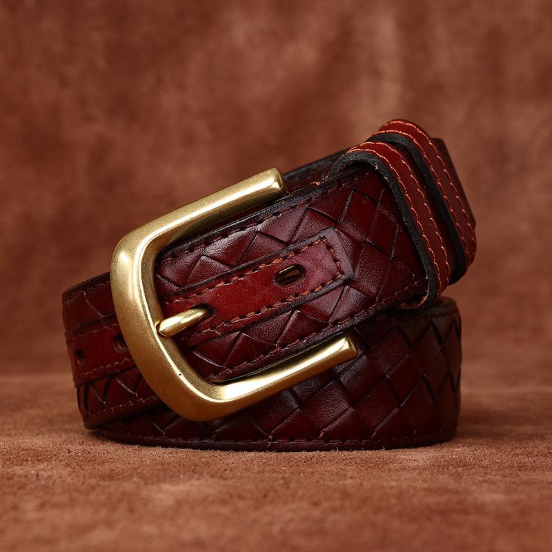 Pasek Męski Trendy Mody Retro Pasujący do Wszystkiego Skóra Licowa Tkana Skórzana Mosiężna Klamra Tkana Hot Belt