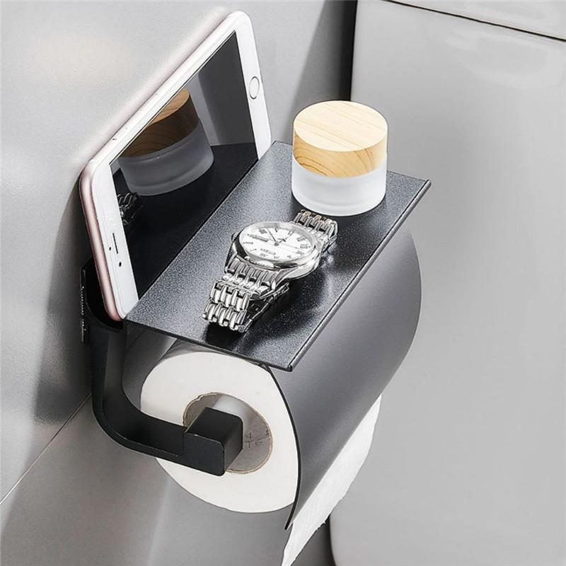 Tuqiu Black Toilet Paper Holder Silver Tissue Paper Holder Aluminium Paper Roll Holder With Phone Storage Shelf