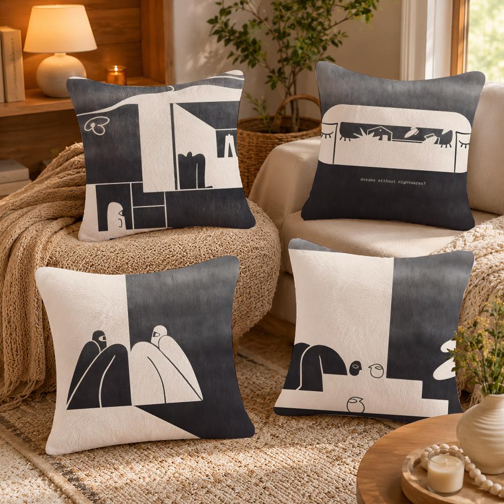 Black and white creative art painting Cushion Cover Anti-dustmite Pillowcase Invisible zipper silky short plush Sofa cushion