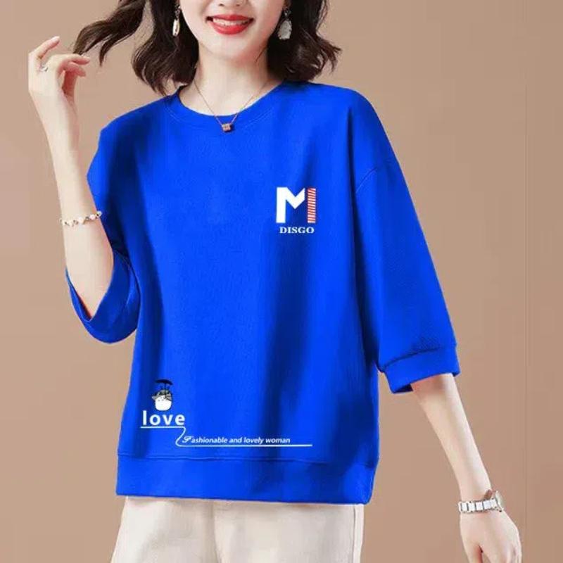 

Женская одежда Пуловер с принтом букв Весна Осень Круглый вырез Рукав три четверти Повседневная футболка Модные худи Топы XXXL синий