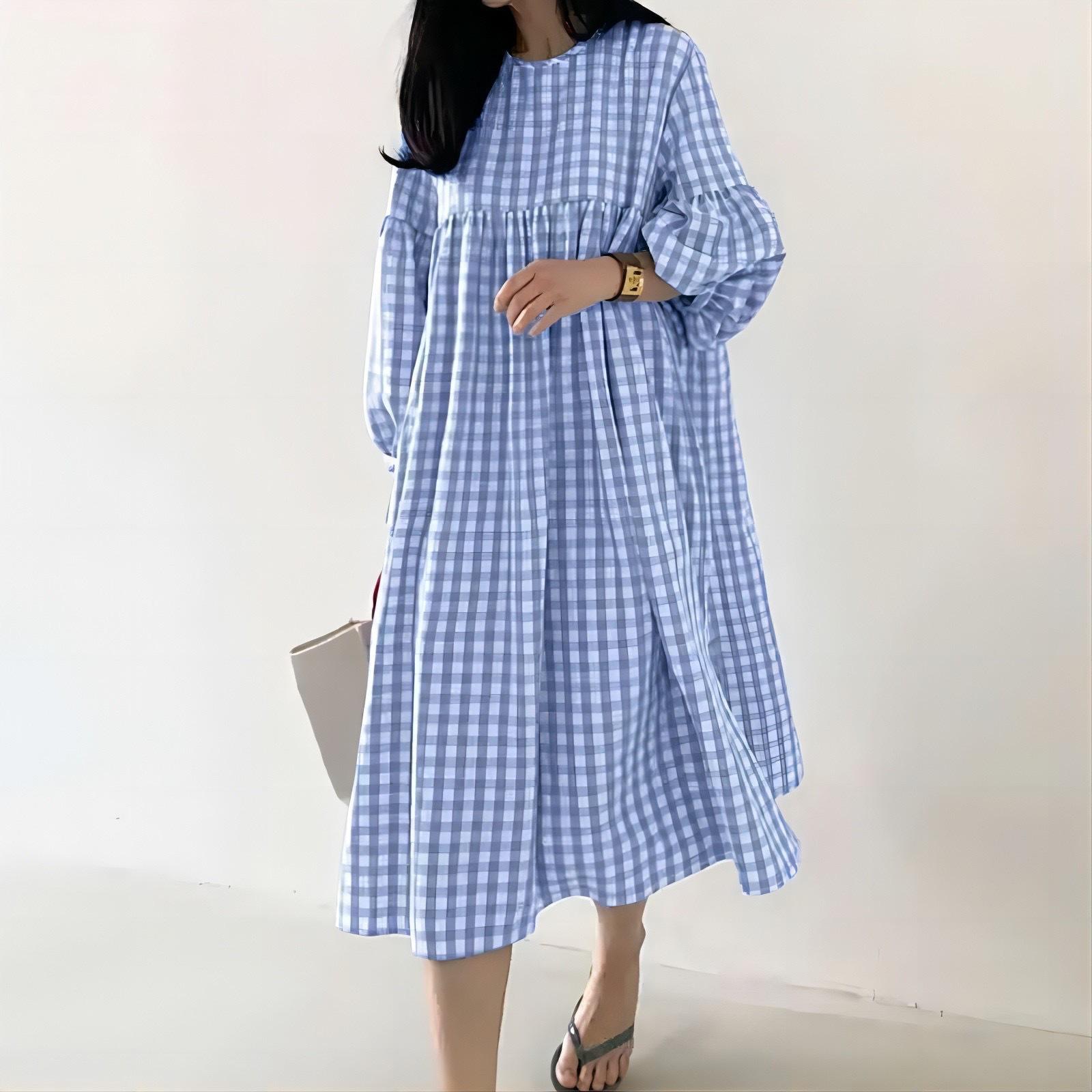 

Women s Casual Plaid Puff Sleeve Round Neck Loose Dress M красный