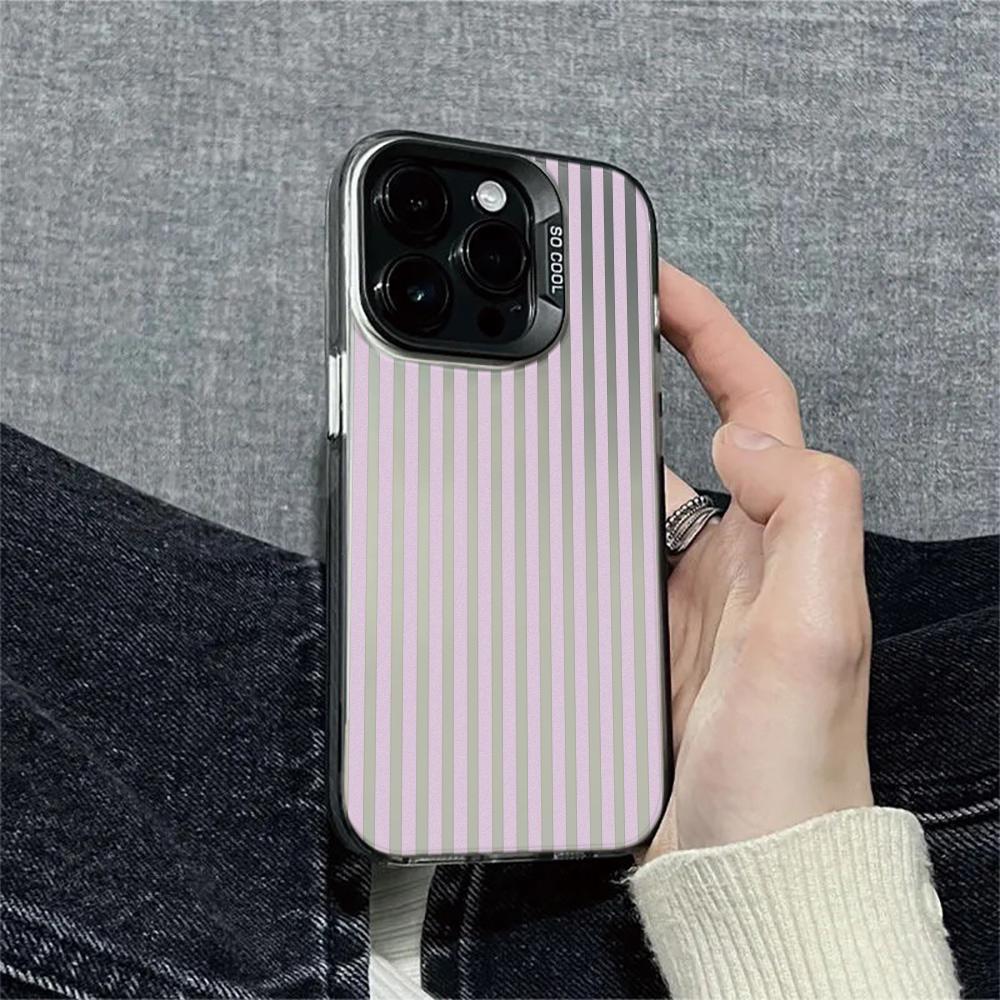 Gentle Purple Grey Stripe Shockproof Phone Case for iPhone 17 17E 16 15 14 13 12 11 Pro Max imitate Laser Silver hard Cover